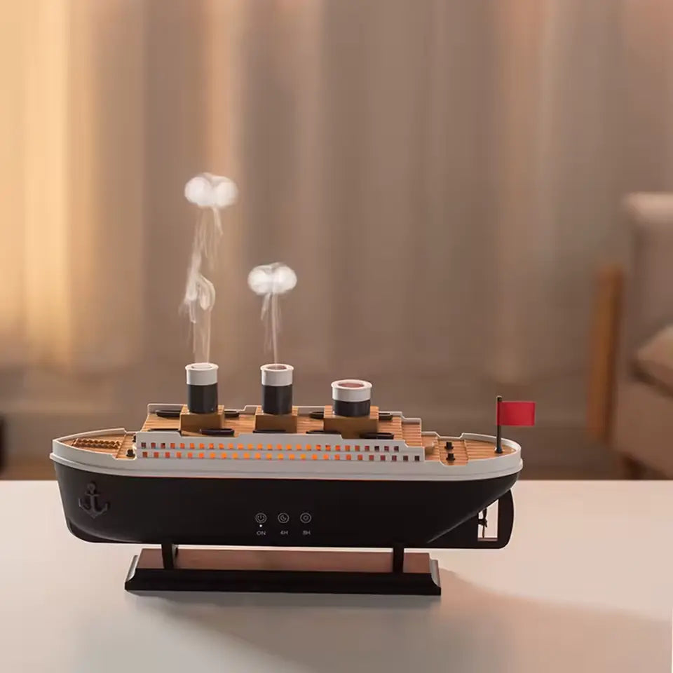 Humidificador Ultrasónico Barco con Anillo de Humo y Luz LED, Difusor de Aroma Modelo Titanic