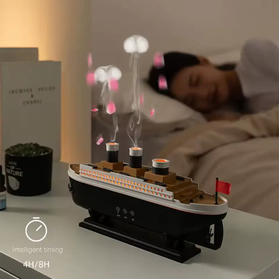 Humidificador Ultrasónico Barco con Anillo de Humo y Luz LED, Difusor de Aroma Modelo Titanic