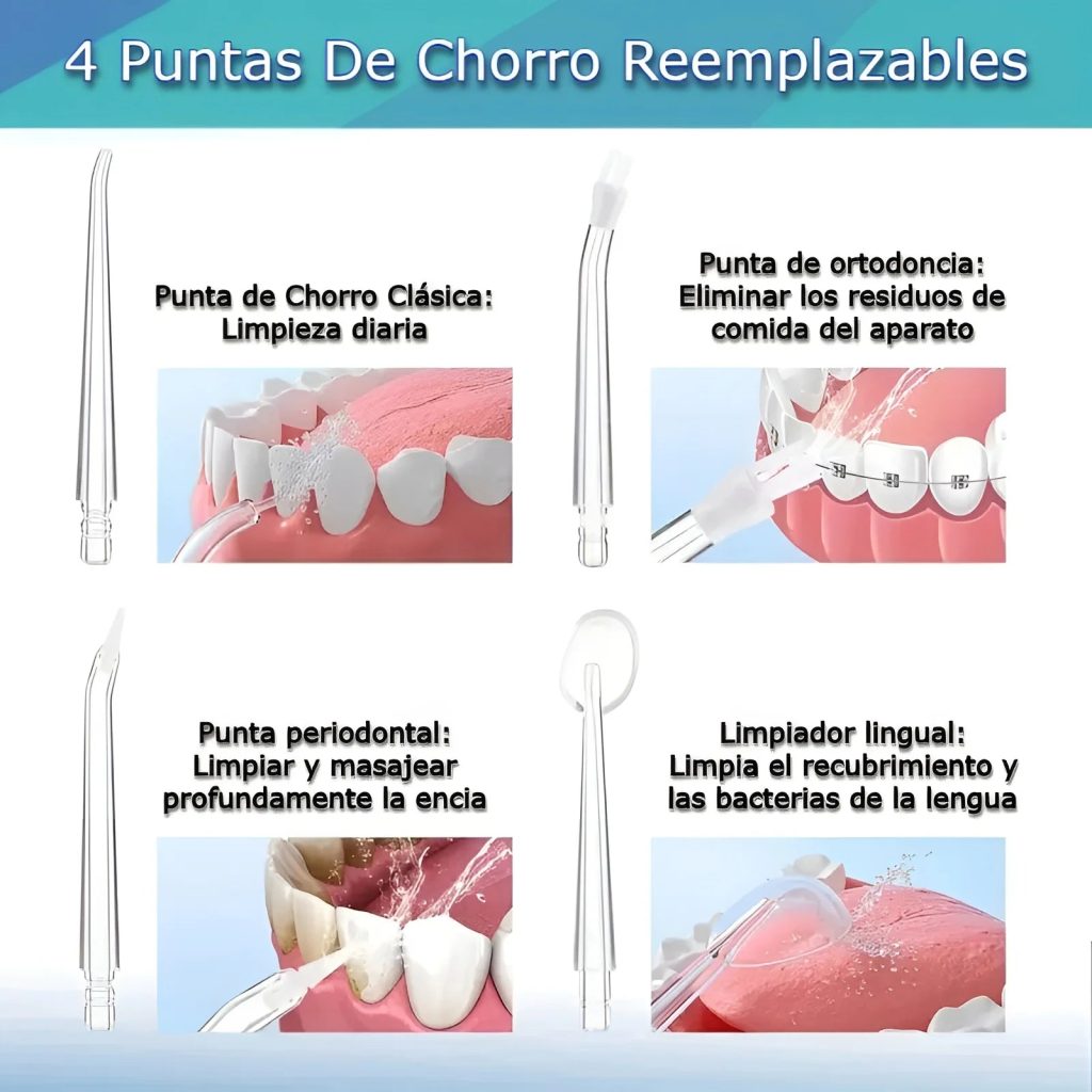 Irrigador Bucal Dental Eléctrico, 4 Boquillas, Limpieza Profunda, Ortodoncia, Encías Sensibles
